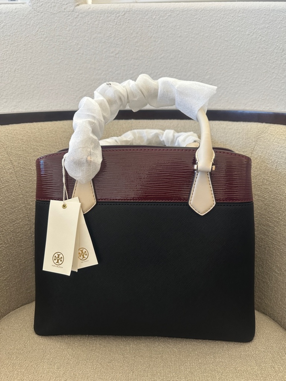 NWT Tory Burch Black and Burgundy Satchel with Tan Handles and Orange Charm - Picture 3 of 12